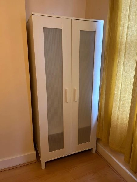 Ikea White Wardrobe with frosted doors, rail, shelf