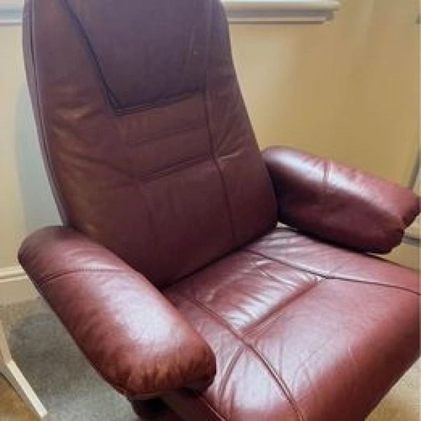 Reddish Brown Leather Arm Chair and Stool