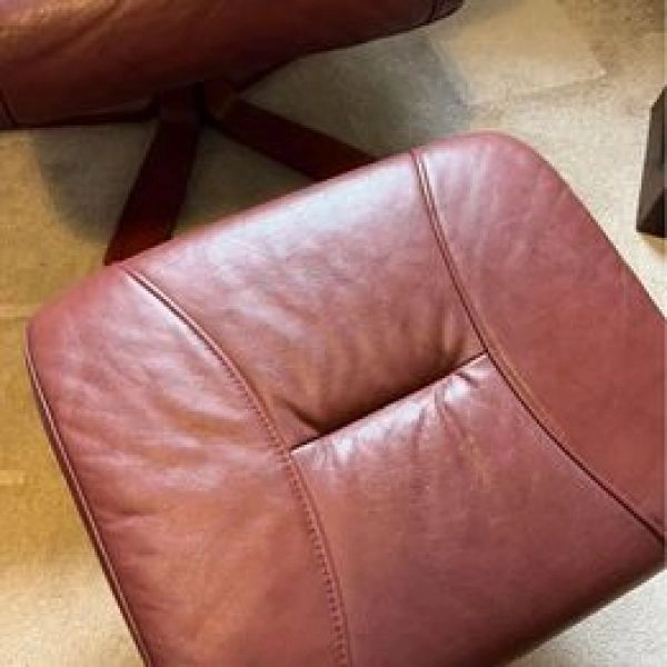 Reddish Brown Leather Arm Chair and Stool