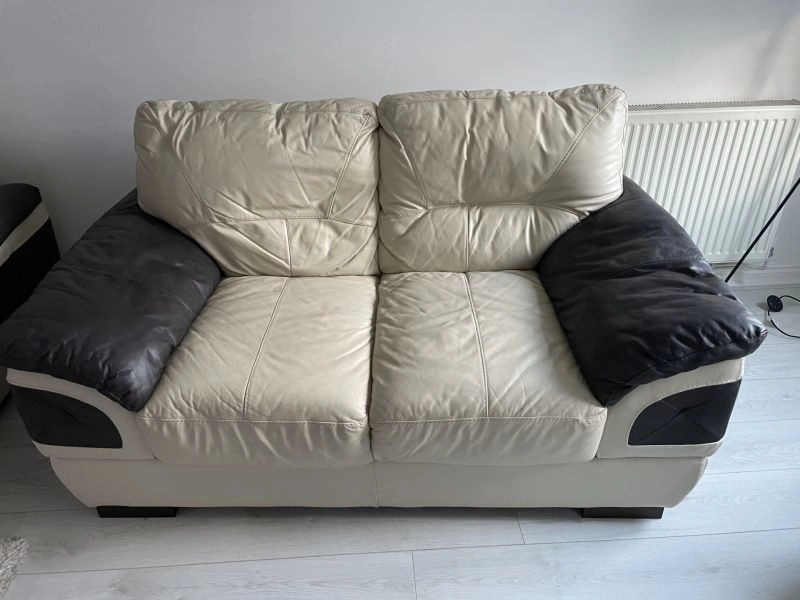 Brown and Cream 2 Twin Leather Sofas with Footstool