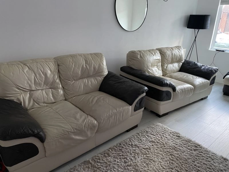 Brown and Cream 2 Twin Leather Sofas with Footstool