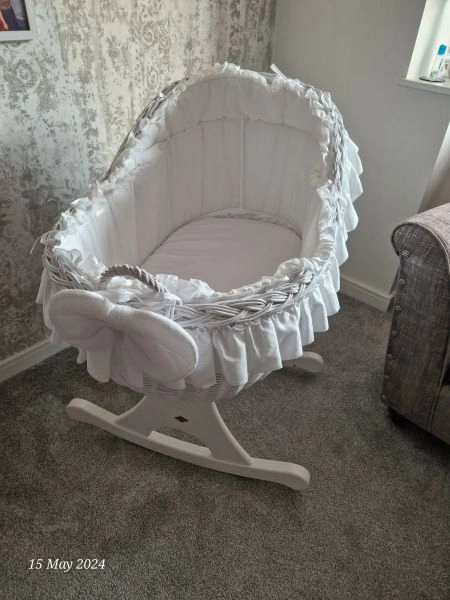 M J Marks handwoven wicker rocking crib in white with accessories- immaculate condition