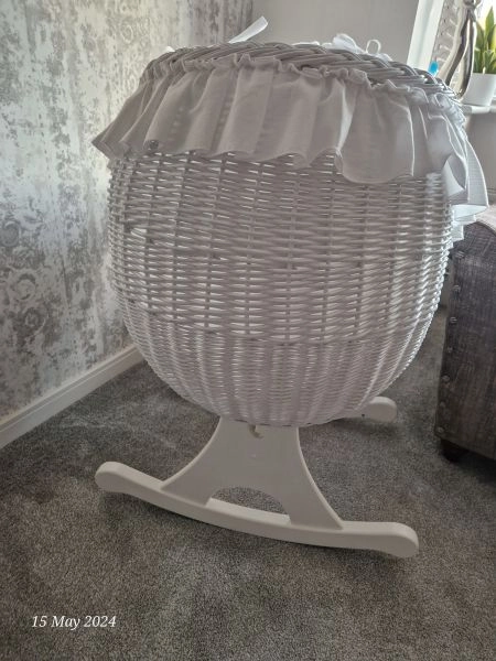 M J Marks handwoven wicker rocking crib in white with accessories- immaculate condition