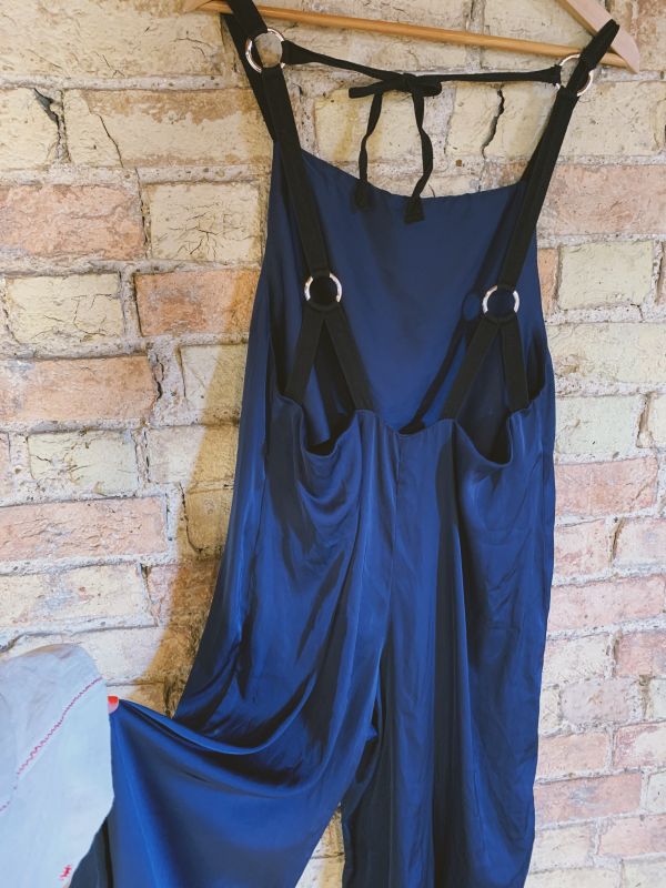 Navy satin jumpsuit with open back 12/14