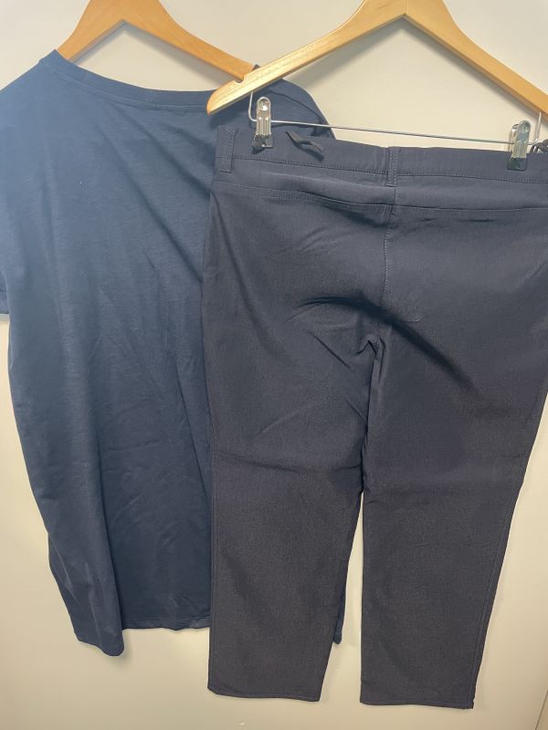 Navy trousers and T-shirt
