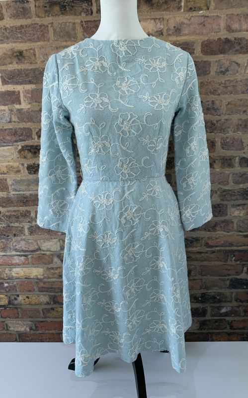 Vintage Floral Embroidered One Piece A-line Blue Dress