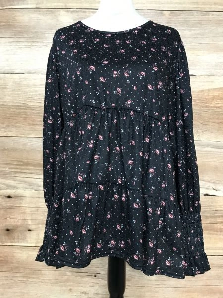 In the Style Black Layered Top with Dot and Flower Print Pattern