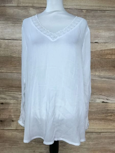 Vivance White Long Sleeve Top with Crochet Detail