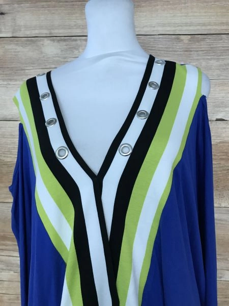 Star by Julien Macdonald Blue Top with Yellow, White and Black Stripe Neckline