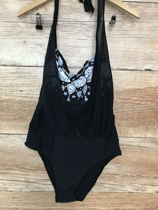 Black Halterneck Swimsuit with Diamond Print Design