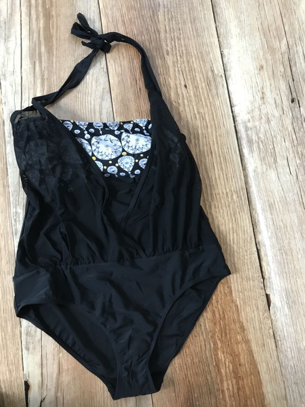 Black Halterneck Swimsuit with Diamond Print Design