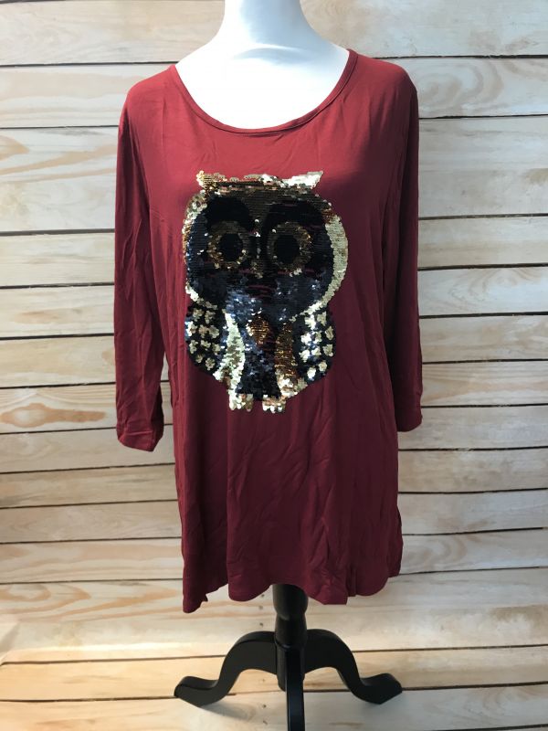 Red 2/3 Length Sleeve T-Shirt with Gold & Black Sequin Owl Design
