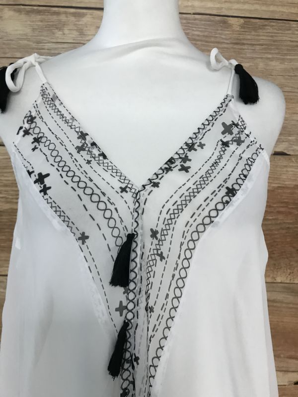 BonPrix Collection White Poncho Style Top with Black Tassel Detail