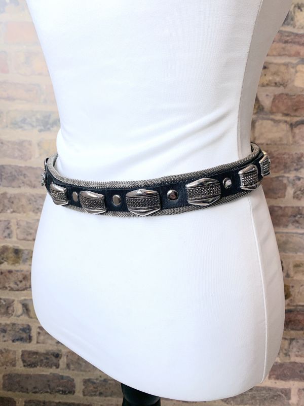 Vintage Studded Black Leather Jeans Belt With Metal Stretch 90’s Punk Style Buckle Belt With Rivets Pins Unisex