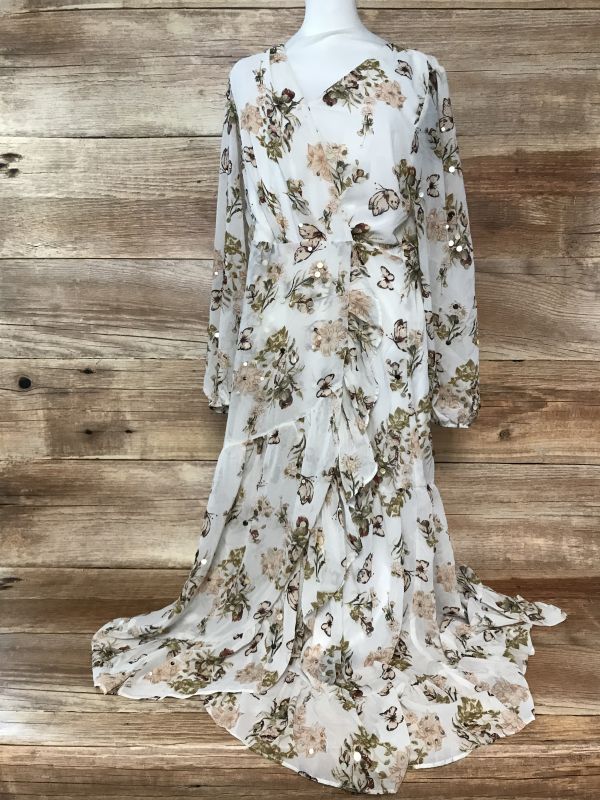 Together Cream Maxi Dress with Beige Flower Print and Sequin Detail