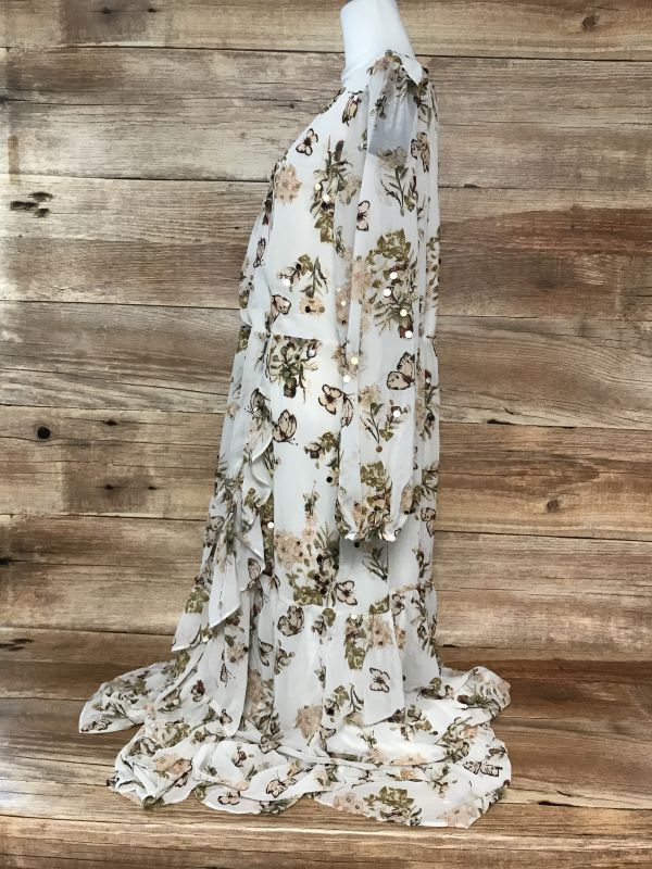 Together Cream Maxi Dress with Beige Flower Print and Sequin Detail