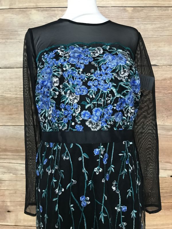 One by Kaleidoscope Black Shift Dress with Blue Embroidery Detail