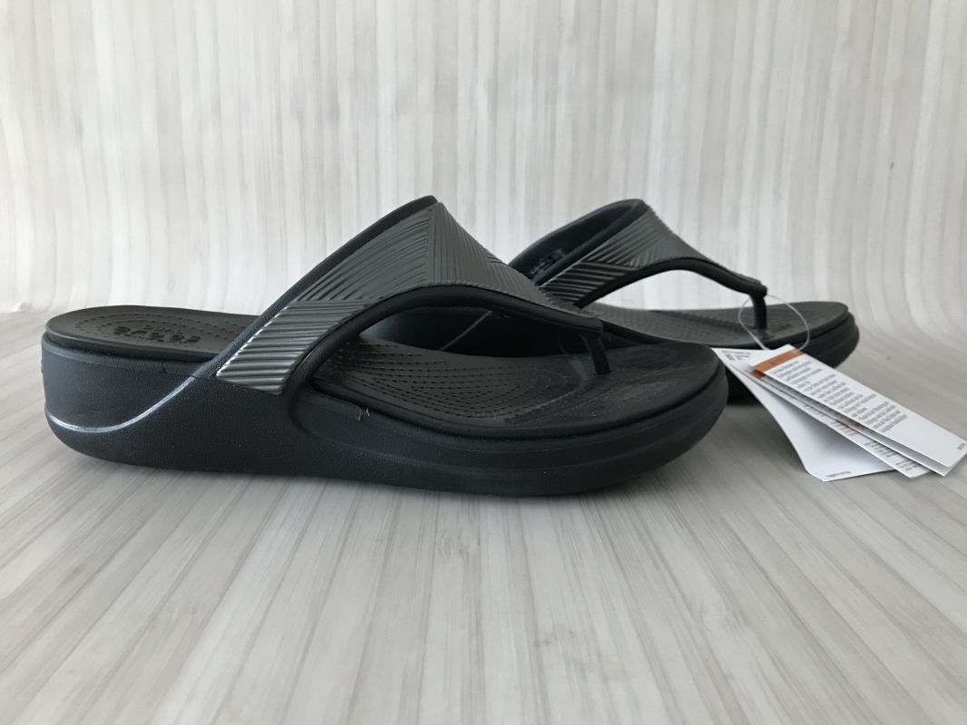 Crocs Monterey Black Metallic Toe Post Wedge Sandals