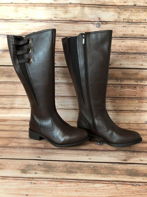 Sheego Brown Leather Zip Up Low Heel Knee High Boots