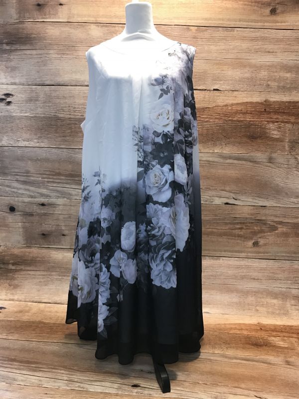White, black and purple floral pattern dress