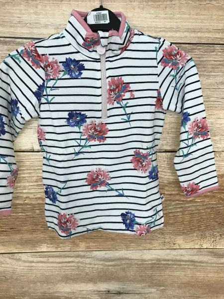 Joules White Zip Top with Black Stripe and Flower Design
