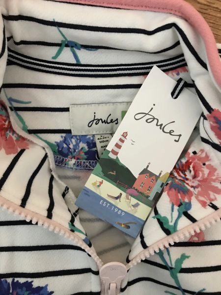 Joules White Zip Top with Black Stripe and Flower Design