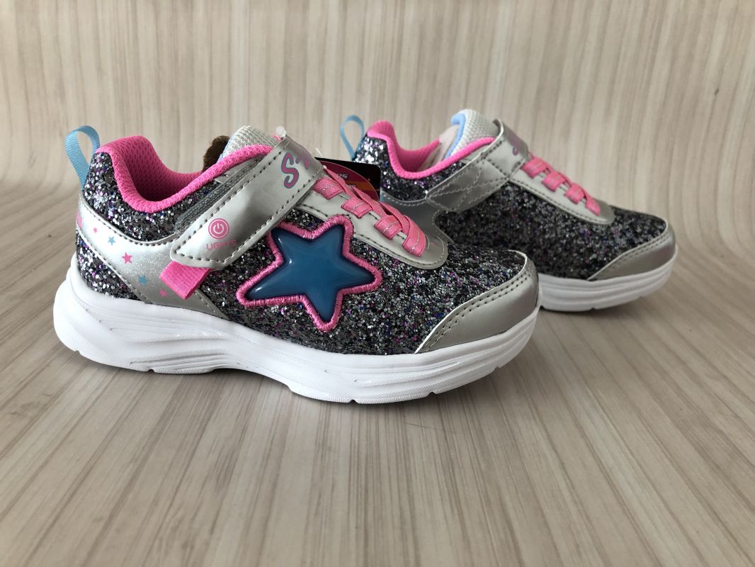 Skechers Silver & Pink Lighted Gore & Strap Trainers With Rock Glitter & Lighted Star