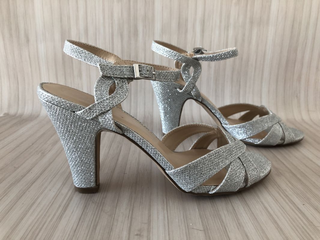 Paradox Silver Glitter ’Kitty’ High Heel Ankle Strap Sandals