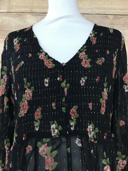 Mango Black and Gold Floral Print Sheer Top