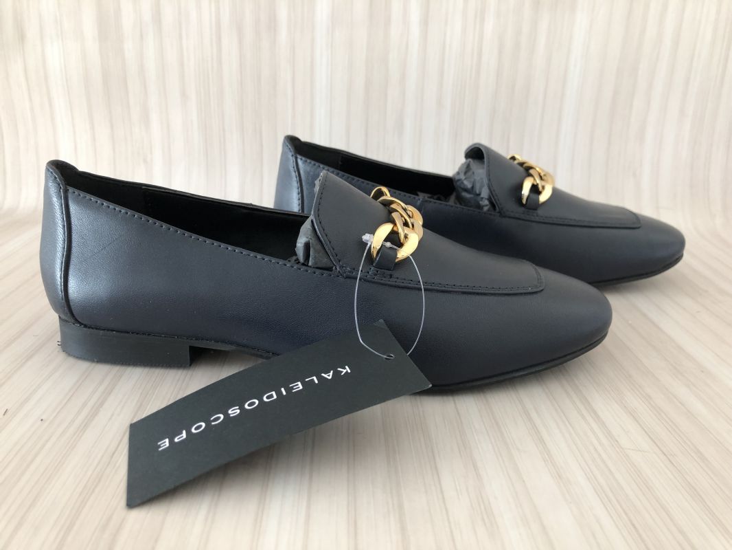 Kaleidoscope Navy Leather Loafers with Gold Chain Trim