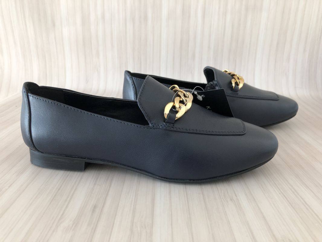Kaleidoscope Navy Leather Loafers with Gold Chain Trim