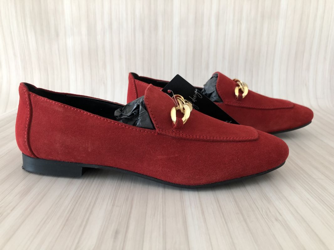 Kaleidoscope Red Suede Loafers with Gold Chain Trim