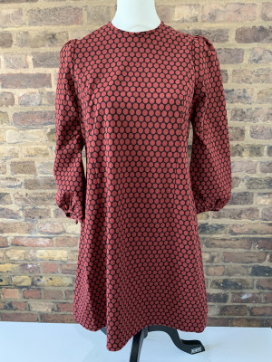 Vintage Red Spot Printed Blouson Sleeve Straight Black Dress