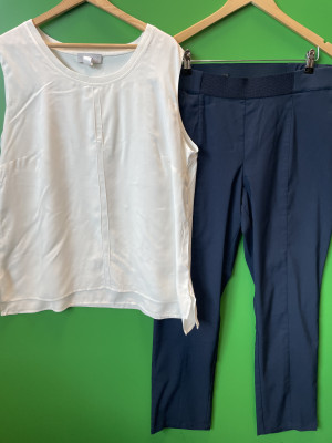 White top and navy trouser