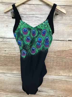 BonPrix Selection Black One Piece Swimsuit with Peacock Feather Print