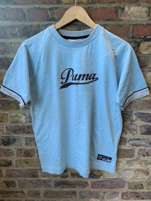 Vintage Puma Mens Crew T-shirt Short Sleeves Word Tee Sport Active Wear in Sky Blue