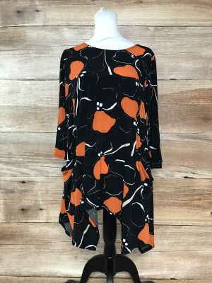 Kaleidoscope Black Tunic Top with Abstract Orange Spots