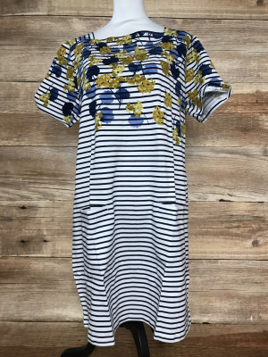 Joules White Dress with Black Stripes and Floral Pattern on Top