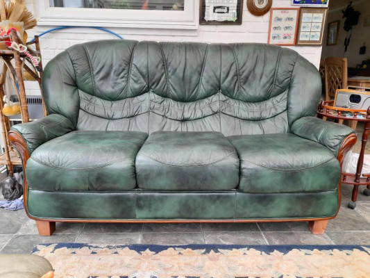 Three piece "antique green" leather suite